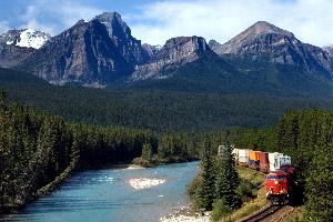 a train in the mountains and forests of rural canada