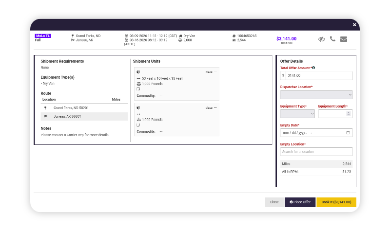 Screenshot of Carrier Portal shipment details view