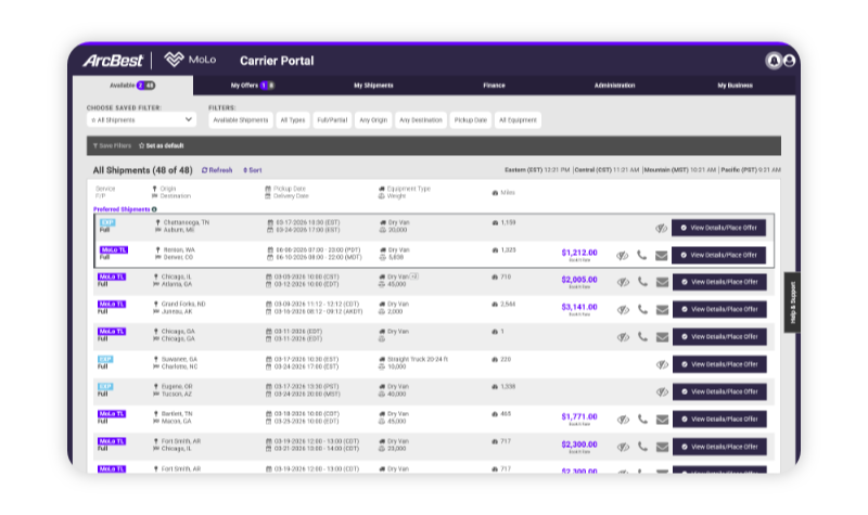 Screenshot of Carrier Portal