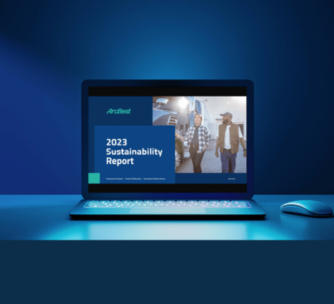 laptop screen displaying ArcBest’s 2023 Sustainability Report