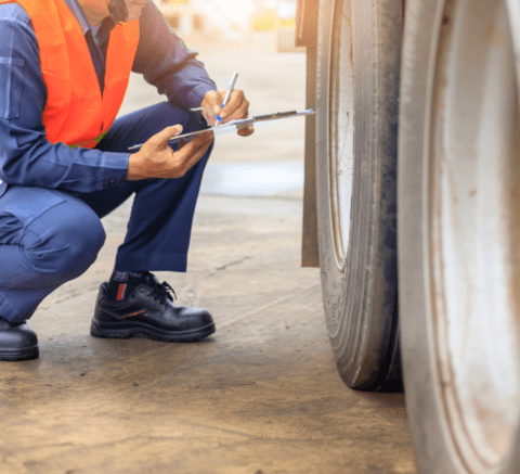 Roadside inspector kneeling by truck tire, marking findings on clipboard. 