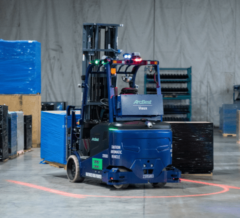 Vaux Smart Autonomy AMR forklift in a warehouse 