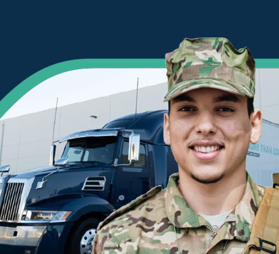Male Service Member in uniform standing in front of an ArcBest semi truck.
