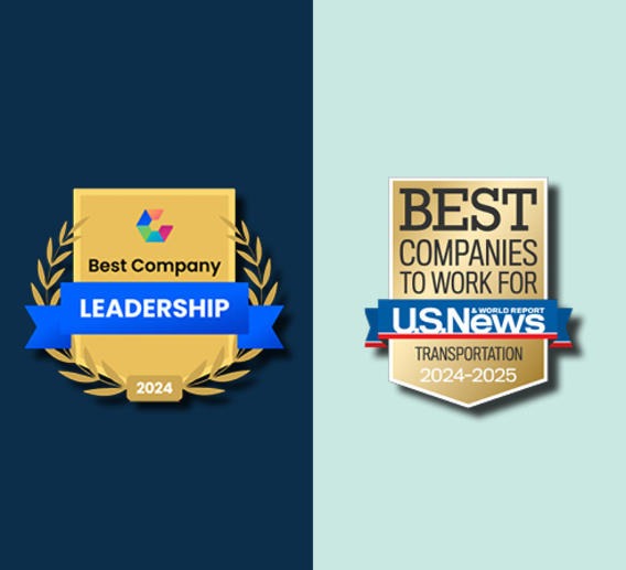 U.S. News Best Companies to Work For in transportation badge and Comparably Best Leadership Teams badge