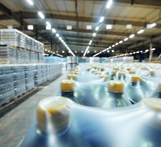 Pallets of bottled beverages in a warehouse.