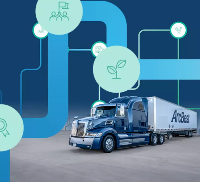 ArcBest truck with sustainability graphics over the image 