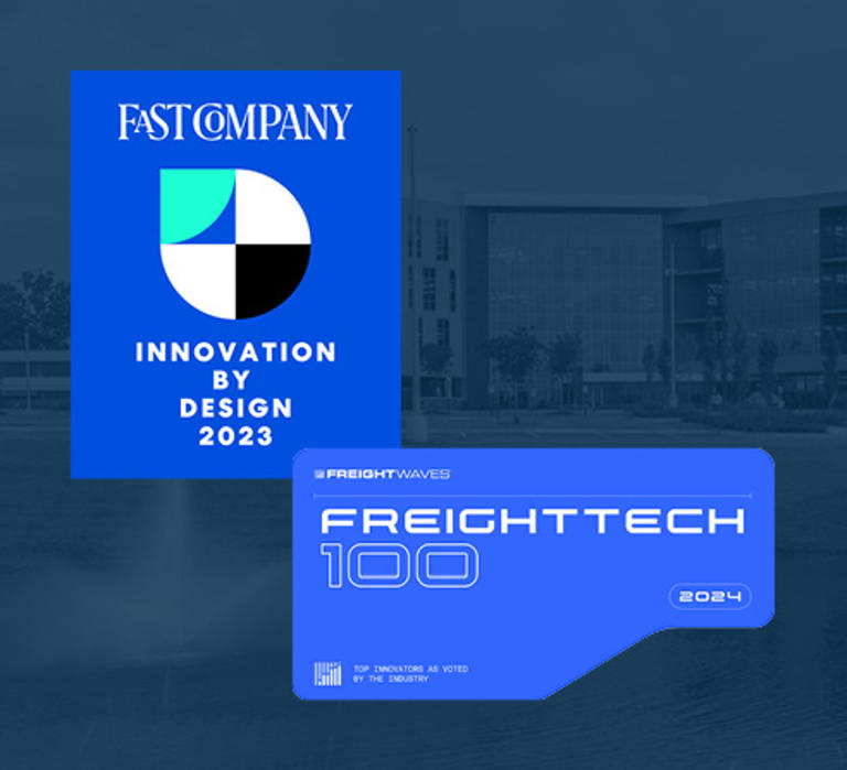 2024 FreightWaves FreightTech 100 Logo and 2023 Fast Company Innovation by Design Logo
