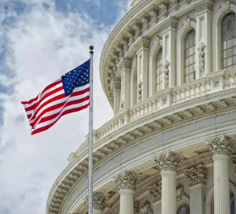 U.S. flag waving in front of the Capitol Building.