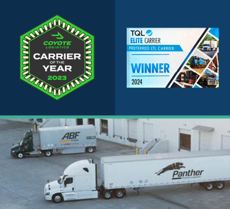 Award logos for Coyote Logistics 2023 Carrier of the Year and TQL 2024 Carrier of the Year 