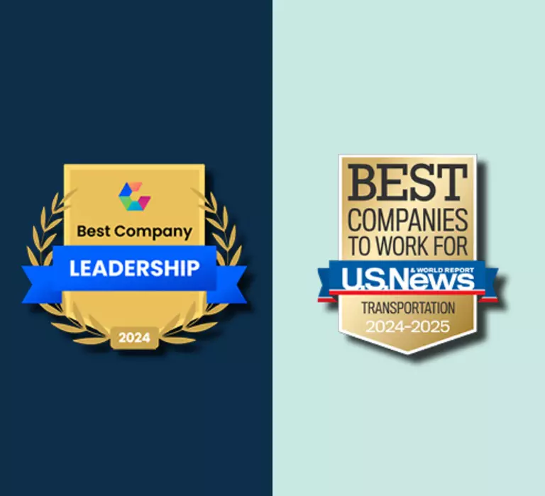 U.S. News Best Companies to Work For in transportation badge and Comparably Best Leadership Teams badge