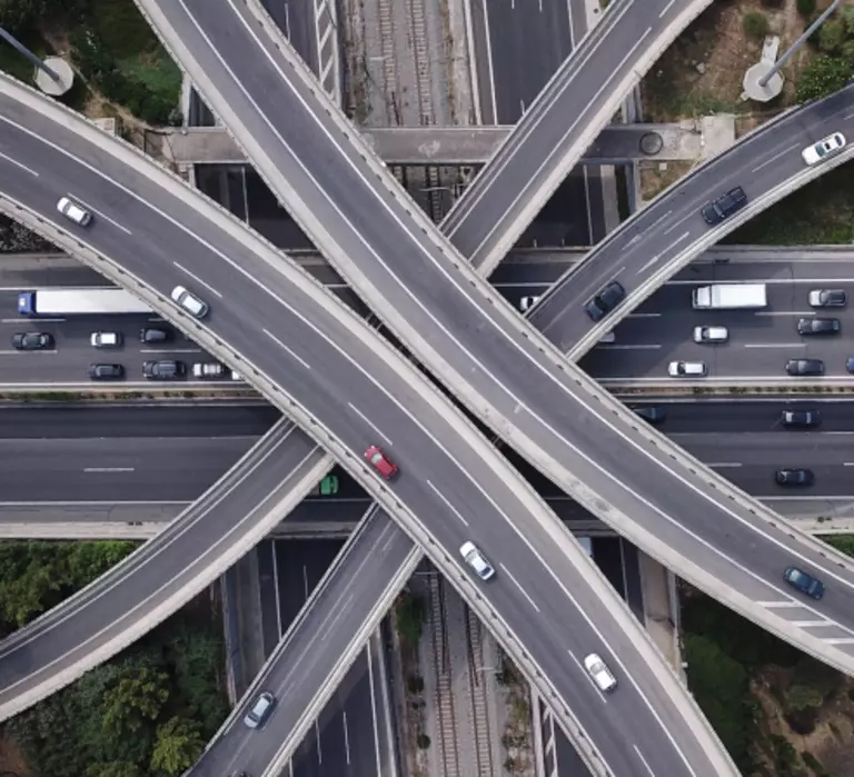 Overhead view of roads and bridges.