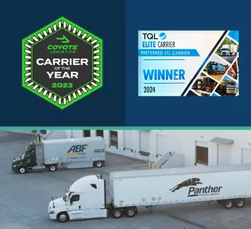Award logos for Coyote Logistics 2023 Carrier of the Year and TQL 2024 Carrier of the Year 