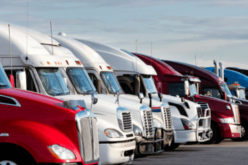 Row of parked semi trucks