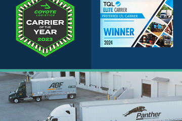 Award logos for Coyote Logistics 2023 Carrier of the Year and TQL 2024 Carrier of the Year 