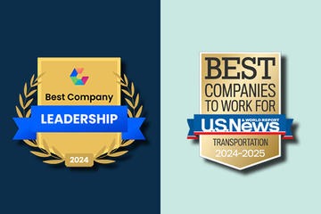 U.S. News Best Companies to Work For in transportation badge and Comparably Best Leadership Teams badge