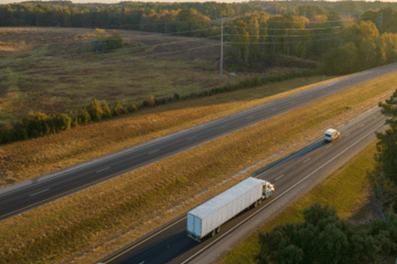 Aerial view of a highway with cars and a truck driving down it.