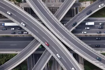 Overhead view of roads and bridges.