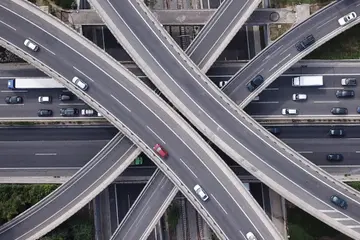 Overhead view of intersecting roads.